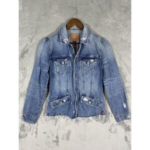 Lucky Brand‎ Jacket Womens 6 Blue Denim Waisted Trucker Distressed Raw Hem Heart
